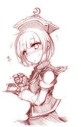 Rule 34 | 1girl, blush, crescent, eating, female focus, food, hat, kazetto, long sleeves, lunasa prismriver, monochrome, pudding, short hair, sketch, solo, spoon, sweatdrop, touhou