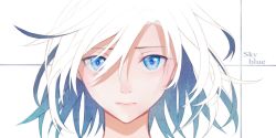Rule 34 | 1girl, blue eyes, closed mouth, commentary, english text, hair between eyes, kanda kou, looking at viewer, original, portrait, short hair, solo, white background, white hair