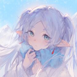 Rule 34 | 1girl, adjusting scarf, blue scarf, blush, ear blush, earrings, forehead, frieren, gem, green eyes, highres, jewelry, light blush, looking at viewer, mugoa mugo, parted bangs, pointy ears, red gemstone, scarf, short eyebrows, sideways glance, snow, snowflakes, solo, sousou no frieren, twintails, upper body, white hair