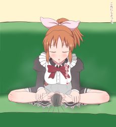 Rule 34 | 1girl, abe nana, absurdres, barefoot, blush, bow, brown hair, couch, drooling, closed eyes, feet, feet together, footjob, hair bow, highres, idolmaster, idolmaster cinderella girls, long hair, maid, ponytail, saliva, soles, sweat, toes, translated, two-footed footjob
