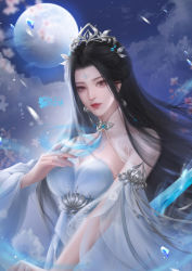 Rule 34 | 1girl, absurdres, artist request, beads, black hair, cleavage cutout, clenched hand, closed mouth, clothing cutout, cloud, dress, earrings, facial mark, forehead mark, hail, highres, index finger raised, jewelry, long hair, long sleeves, lu xueqi (zhu xian), moon, second-party source, solo, swirl, sword, upper body, weapon, white dress, zhu xian