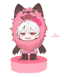 Rule 34 | 1boy, absurdres, animal costume, animal hands, black footwear, black gloves, blush stickers, fall guys, fang, gloves, hair between eyes, highres, kuzuha (nijisanji), male focus, mole, mole under eye, nijisanji, open mouth, paw gloves, paw shoes, pointy ears, red eyes, shoes, signature, simple background, sofra, solo, standing, tongue, tongue out, twitter username, v-shaped eyebrows, virtual youtuber, white background, white hair, wolf costume