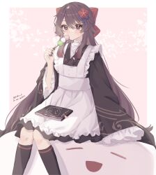 Rule 34 | 1girl, absurdres, alternate costume, apron, black kimono, black nails, black socks, blush, boo tao (genshin impact), book, border, brown eyes, brown hair, commentary request, covered mouth, dango, enmaided, feet out of frame, fingernails, flower, flower in eye, food, frilled apron, frilled sleeves, frills, genshin impact, hair flower, hair ornament, highres, holding, holding food, hu tao (genshin impact), japanese clothes, kimono, knees together feet apart, long fingernails, long hair, long sleeves, looking at viewer, maid, maid apron, petals, pink background, plum blossoms, red flower, roku 6, sanshoku dango, shirt, sidelocks, simple background, sitting, sleeves past fingers, sleeves past wrists, socks, solo, swept bangs, symbol in eye, turtleneck, twintails, twitter username, very long hair, wa maid, wagashi, white apron, white border, white shirt, wide sleeves