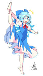 Rule 34 | 1girl, :d, ankle grab, barefoot, blue bow, blue dress, bow, bowtie, cirno, dress, full body, hair bow, highres, ice, ice wings, kneepits, looking at viewer, open mouth, red bow, red bowtie, shirt, short hair, short sleeves, signature, simple background, smile, solo, split, standing, standing on one leg, standing split, touhou, umigarasu (kitsune1963), white background, white shirt, wings