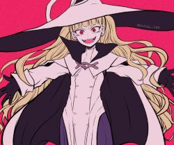 Rule 34 | bad id, bad twitter id, blonde hair, cape, earrings, eitri (fire emblem), fire emblem, fire emblem heroes, gloves, hat, highres, jewelry, looking at viewer, nintendo, outstretched arms, red eyes, smile, solo, twintails, wavy hair, witch hat, yataba