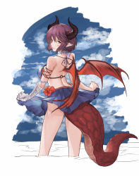 Rule 34 | 1girl, absurdres, back, bandages, bandaged arm, bandages, bikini, blue bikini, breasts, clothes lift, dragon girl, dragon horns, dragon tail, dragon wings, flower, from behind, granblue fantasy, grea (shingeki no bahamut), hair between eyes, hibiscus, highres, horns, large breasts, lifting own clothes, looking at viewer, manaria friends, miniskirt, o-ring, ocean, pleated skirt, pointy ears, purple hair, red eyes, shingeki no bahamut, short hair, skirt, skirt lift, solo, strap gap, swimsuit, tail, unkobako, water, wings