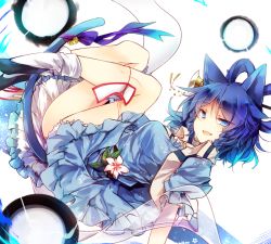 Rule 34 | 1girl, animal ears, ass, bell, black footwear, blue dress, blue eyes, blue hair, blue ribbon, breasts, cat ears, cat tail, commentary request, dress, flower, hair ornament, hair rings, hair stick, jingle bell, kaku seiga, kemonomimi mode, knees up, kutsuki kai, leaf, looking at viewer, lying, medium breasts, ofuda, on back, open mouth, puffy short sleeves, puffy sleeves, ribbon, shawl, short hair, short sleeves, simple background, smile, socks, solo, tail, tail ornament, tail ribbon, thighs, touhou, vest, white background, white socks, white vest