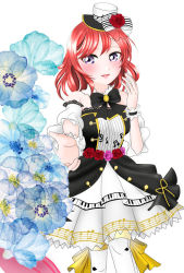 Rule 34 | 1girl, artist name, artist request, bare shoulders, black dress, black neckwear, black wrist cuffs, blush, bow, breasts, collarbone, detached collar, detached sleeves, dress, female focus, flower, frilled dress, frills, hair between eyes, hat, hat bow, hat flower, looking at viewer, love live!, love live! school idol festival, love live! school idol project, mini hat, miniskirt, musical note, musical note print, nishikino maki, parted lips, piano print, pink flower, pink rose, print headwear, print skirt, purple eyes, red flower, red hair, ribbon, ribbon-trimmed legwear, ribbon trim, rose, short hair, skirt, smile, solo, strapless, striped clothes, striped dress, swept bangs, vertical-striped clothes, vertical-striped dress, white background, white bow, white skirt, white sleeves, white wrist cuffs, wing collar, wrist cuffs, yellow ribbon