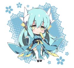 Rule 34 | 1girl, black footwear, blue kimono, blush, chibi, closed mouth, commentary request, dragon horns, fate/grand order, fate (series), full body, green hair, hair between eyes, headgear, horns, japanese clothes, kimono, kiyohime (fate), long hair, long sleeves, looking at viewer, milkpanda, obi, pelvic curtain, sash, sleeves past wrists, smile, solo, thighhighs, very long hair, white thighhighs, wide sleeves, yellow eyes