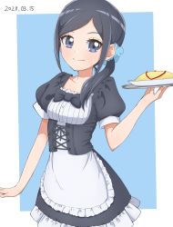 Rule 34 | 1girl, 2020, aizawa zawapo, alternate costume, apron, black bow, black bowtie, black hair, black skirt, black sleeves, blue eyes, blue scrunchie, blush, bow, bowtie, closed mouth, dated, enmaided, food, frilled skirt, frills, hair ornament, hair over shoulder, hair scrunchie, healin&#039; good precure, highres, holding, holding plate, long hair, looking at viewer, maid, miniskirt, omelet, omurice, parted bangs, plate, precure, sawaizumi chiyu, scrunchie, short sleeves, skirt, smile, solo, standing, underbust, waist apron, white apron