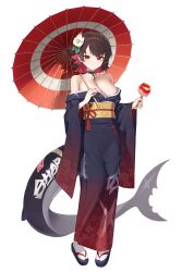 1girl absurdres alternate_costume bare_shoulders black_choker black_hair blue_kimono breasts candy_apple choker cleavage commentary_request ellen_joe fins fish_tail flower food full_body hair_flower hair_ornament highres holding holding_candy_apple holding_umbrella japanese_clothes kimono large_breasts multicolored_hair oil-paper_umbrella red_eyes red_hair sandals sbgu shark_girl shark_tail short_hair simple_background socks solo tail two-tone_hair umbrella white_background white_socks zenless_zone_zero