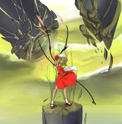 Rule 34 | 1girl, blonde hair, female focus, flandre scarlet, hat, mary janes, muhamado, ponytail, red eyes, shoes, short hair, side ponytail, solo, embodiment of scarlet devil, thumbs down, touhou, wings