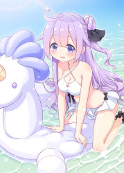 Rule 34 | 1girl, :d, arm support, azur lane, bare arms, bare shoulders, barefoot, bikini, blush, breasts, cleavage, cleavage cutout, clothing cutout, commentary request, criss-cross halter, hair between eyes, hair bun, halterneck, harada (sansei rain), highres, innertube, long hair, looking at viewer, medium breasts, navel, one side up, open mouth, purple eyes, purple hair, shallow water, single side bun, smile, solo, swim ring, swimsuit, unicorn (azur lane), very long hair, water, white bikini