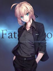 Rule 34 | 1girl, ahoge, artoria pendragon (all), artoria pendragon (fate), belt, belt buckle, berrykanry, black belt, black jacket, black pants, black ribbon, blue eyes, blush, buckle, collarbone, collared shirt, commentary request, copyright name, dress shirt, fate/zero, fate (series), formal, grey shirt, hair between eyes, hair ribbon, hands in pockets, head tilt, highres, jacket, long hair, long sleeves, open clothes, open jacket, pant suit, pants, ribbon, saber (fate), shirt, sidelocks, solo, suit