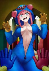 Rule 34 | absurdres, alternate hairstyle, arch, artist name, blue bodysuit, blue eyes, blush, bocchi the rock!, bodysuit, breasts, chromatic aberration, claw pose, commentary, cosplay, double bun, english commentary, furrowed brow, gloves, gotoh hitori, grabpack (poppy playtime), hair bun, hands up, highres, huggy wuggy, huggy wuggy (cosplay), indoors, inkspirate, instagram username, large breasts, looking at viewer, midriff, navel, partially unzipped, pink hair, poppy playtime, pov, sharp teeth, straight-on, teeth, yellow gloves