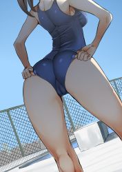 Rule 34 | 1girl, adjusting clothes, adjusting swimsuit, ass, bare shoulders, blue one-piece swimsuit, blue sky, breasts, brown hair, cameltoe, chain-link fence, cityscape, competition school swimsuit, day, dutch angle, fence, hand under clothes, hand under swimsuit, head out of frame, highres, medium breasts, nac000, one-piece swimsuit, outdoors, pool, pool ladder, school swimsuit, shiny skin, short hair, sideboob, skin tight, sky, solo, standing, sunlight, swimsuit, thighs, water
