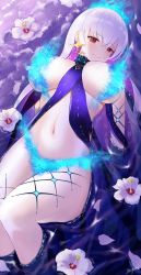 Rule 34 | 1girl, bare shoulders, blue fire, blue hair, blush, body markings, bracelet, breasts, closed mouth, earrings, fate/grand order, fate (series), fire, flower, hair flower, hair ornament, hair ribbon, highres, jewelry, kama (fate), kama (swimsuit avenger) (fate), large breasts, long hair, looking at viewer, lotus, lying, megumi kei, multicolored hair, navel, on back, red eyes, revealing clothes, ribbon, silver hair, smile, solo, star (symbol), star earrings, thighs, two-tone hair