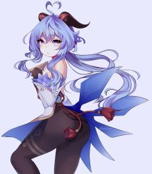 Rule 34 | 1girl, ahoge, ass, bell, black bodysuit, black gloves, blue hair, bodysuit, commentary, detached sleeves, ganyu (genshin impact), genshin impact, gloves, hair between eyes, hand on own chest, highres, horns, long hair, looking at viewer, neck bell, noodychaan, purple eyes, sidelocks, simple background, solo, twisted torso, vision (genshin impact), wide sleeves