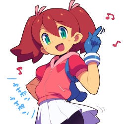 Rule 34 | 1girl, bike shorts, blush stickers, brown hair, female focus, gloves, green eyes, metata, musical note, open mouth, pleated skirt, saru getchu, sayaka (saru getchu), shorts, shorts under skirt, simple background, skirt, solo, twintails, white background, white skirt