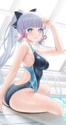 Rule 34 | 1girl, absurdres, alternate costume, arm support, arm up, armpits, artist name, ass, ayaka (genshin impact), back, backless swimsuit, bare arms, bare shoulders, black one-piece swimsuit, black ribbon, blue eyes, blunt bangs, blunt tresses, blush, bow, breasts, competition swimsuit, from side, fukuro bag, fukuro daizi, genshin impact, grin, hair bow, hair ornament, hair ribbon, highleg, highleg swimsuit, highres, indoors, long hair, looking at viewer, median furrow, medium breasts, mole, mole under eye, one-piece swimsuit, parted lips, ponytail, pool, rei no pool, ribbon, shiny clothes, shiny skin, sideboob, signature, sitting, skindentation, smile, soaking feet, solo, swimsuit, thighs, tress ribbon, two-tone swimsuit, very long hair, water, wet, wet clothes, wet swimsuit, white hair