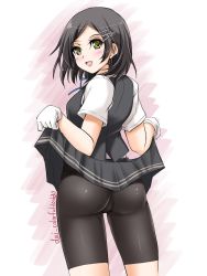 Rule 34 | 1girl, akimoto dai, artist name, ass, bike shorts, black hair, black skirt, black vest, clothes lift, commentary request, cowboy shot, dated, from behind, gloves, green eyes, hair ornament, hairclip, highres, kantai collection, kuroshio (kancolle), lifting own clothes, looking at viewer, looking back, one-hour drawing challenge, pleated skirt, school uniform, shirt, short hair, short sleeves, shorts, shorts under skirt, skirt, skirt lift, solo, standing, vest, white background, white gloves, white shirt