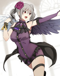 Rule 34 | 10s, 1girl, :d, armpit peek, asymmetrical wings, bare shoulders, breasts, commentary request, cowboy shot, elbow gloves, feathered wings, flower, gloves, green hair, hair flower, hair ornament, idolmaster, idolmaster cinderella girls, kanzaki ranko, large breasts, legband, medium hair, open mouth, outstretched arm, red eyes, red flower, red rose, rose, rosenburg engel, sente, skindentation, smile, solo, thigh strap, twintails, wings