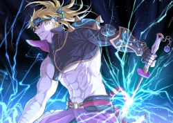 Rule 34 | 1boy, abs, axe, bara, blonde hair, blue eyes, chest harness, commentary request, fate/grand order, fate (series), fingerless gloves, gloves, harness, headband, highres, igote, large pectorals, long hair, male focus, mature male, muscular, muscular male, official alternate costume, pectorals, sakata kintoki (fate), sakata kintoki (heian warrior attire) (fate), single bare shoulder, smile, solo, u2 (yuniu222), weapon