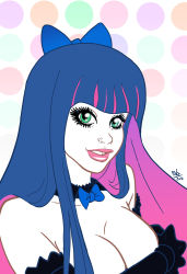 Rule 34 | 10s, 1girl, blue hair, bow, breasts, choker, cleavage, detached sleeves, green eyes, hair bow, multicolored hair, nose piercing, nose ring, pablocomics, panty &amp; stocking with garterbelt, piercing, pink hair, ribbon, signature, simple background, solo, stocking (psg), topless, two-tone hair
