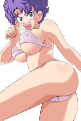 Rule 34 | 1girl, angry, ass, bare shoulders, blue eyes, bra, breasts, dragon ball, fighting, highres, large breasts, legs, lingerie, looking at viewer, mole, open mouth, panties, purple bra, purple hair, purple panties, ranfan, short hair, simple background, solo, standing, thighs, underboob, underwear, underwear only, white background