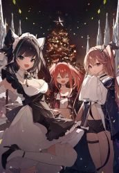 Rule 34 | 3girls, :d, :o, absurdres, amari, anchorage (azur lane), animal ears, apron, aqua eyes, arm up, armpits, azur lane, bare shoulders, black apron, black footwear, black ribbon, blue jacket, blunt bangs, breasts, bremerton (azur lane), brown hair, buckle, cheshire (azur lane), christmas, christmas tree, cleavage, closed mouth, clothes lift, collarbone, commentary, crop top, crossed bangs, detached sleeves, dress, dress lift, fake animal ears, fang, frilled hairband, frills, grey hair, hair between eyes, hair intakes, hair ornament, hairband, hands up, headgear, high heels, highres, hood, hood down, hooded jacket, jacket, large breasts, long hair, long sleeves, looking at viewer, maid headdress, midriff, multicolored hair, multiple girls, night, no mole, open clothes, open jacket, open mouth, outdoors, pine tree, pink hair, puffy detached sleeves, puffy sleeves, purple eyes, ribbon, ribbon between breasts, shirt, short hair, short shorts, shorts, sidelocks, skin fang, sleeveless, sleeveless dress, sleeves past fingers, sleeves past wrists, smile, snap-fit buckle, standing, standing on one leg, streaked hair, string of flags, thigh strap, thighhighs, tree, twintails, two-tone hair, underbust, very long hair, very long sleeves, white dress, white legwear, white shirt