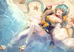 Rule 34 | 1girl, :d, beach, bikini, bikini under clothes, breasts, cleavage, collarbone, commentary request, dragon girl, dragon horns, fate/grand order, fate (series), green hair, hopepe, horns, japanese clothes, kimono, kiyohime (fate), kiyohime (fate/grand order), kiyohime (swimsuit lancer) (fate), kiyohime (swimsuit lancer) (first ascension) (fate), large breasts, long hair, looking at viewer, lying, ocean, on back, one eye closed, open mouth, sandals, smile, solo, starfish, swimsuit, thighhighs, twintails, very long hair, water, white kimono, white thighhighs, yellow bikini, yellow eyes