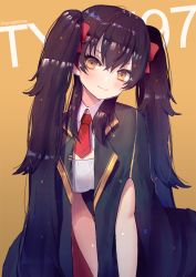 Rule 34 | 1girl, bad id, bad pixiv id, black hair, black jacket, blush, bow, closed mouth, collared shirt, commentary request, girls&#039; frontline, hair between eyes, hair bow, hanato (seonoaiko), head tilt, jacket, long hair, looking at viewer, necktie, orange background, red bow, red necktie, shirt, simple background, smile, solo, twintails, type 97 (girls&#039; frontline), white shirt, yellow eyes