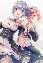 Rule 34 | 2girls, :d, back, back bow, blue eyes, blue hair, blue ribbon, blush, bow, breasts, cleavage, commentary request, cowboy shot, detached sleeves, dress, female focus, frilled sleeves, frills, hair ornament, hair ribbon, highres, holding, holding tray, huwari (dnwls3010), large breasts, looking at viewer, maid, maid headdress, matching hair/eyes, multiple girls, one eye closed, open mouth, outstretched arms, petals, pink eyes, pink hair, pink ribbon, profile, ram (re:zero), re:zero kara hajimeru isekai seikatsu, rem (re:zero), ribbon, ribbon-trimmed clothes, ribbon trim, short hair, siblings, sidelocks, simple background, sisters, smile, thighhighs, tray, twins, white background, white legwear, x hair ornament, zettai ryouiki