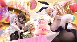 Rule 34 | 3girls, alcohol, animal ears, anniversary, ass, balloon, bare shoulders, black bow, black bowtie, black gloves, black leotard, black necktie, black pantyhose, blanc (nikke), blanc (white rabbit) (nikke), bow, bowtie, breasts, brown hair, cake, champagne, champagne flute, commentary, cup, dark-skinned female, dark skin, detached collar, drinking glass, english commentary, fake animal ears, fang, food, fork, from behind, fur-trimmed shawl, fur trim, gloves, goddess of victory: nikke, green eyes, hand on own hip, heart balloon, highres, holding, holding cup, holding fork, large breasts, layer cake, leotard, looking at viewer, looking back, multiple girls, necktie, noir (black rabbit) (nikke), noir (nikke), official alternate costume, official alternate hairstyle, open mouth, pantyhose, rabbit ears, rupee (nikke), rupee (rabbit deluxe) (nikke), shawl, short necktie, sideboob, skin fang, smile, strapless, strapless leotard, thighs, u06390073, v, white hair, white leotard, white shawl, white wings, white wrist cuffs, wing hair ornament, wings, wrist cuffs, yellow eyes