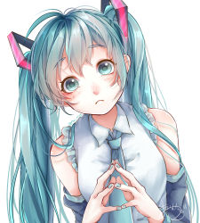 Rule 34 | 1girl, absurdres, aqua eyes, aqua hair, aqua nails, aqua necktie, bare shoulders, blush, breasts, closed mouth, collared shirt, curious, detached sleeves, fingers together, frills, frown, hair ornament, hair over shoulder, hatsune miku, headphones, highres, leaning to the side, long hair, looking at viewer, mai mugi, medium breasts, nail polish, necktie, shirt, signature, simple background, solo, twintails, upper body, vocaloid, white background
