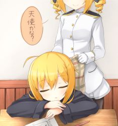 Rule 34 | 10s, 2girls, admiral (kancolle), ahoge, bad id, bad pixiv id, blonde hair, covering privates, covering with blanket, desk, drill hair, female admiral (kancolle), kantai collection, multiple girls, pantyhose, rateratte, satsuki (kancolle), school uniform, sleeping, sleeping upright, uniform