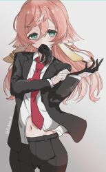 Rule 34 | 1girl, antlers, black gloves, black pants, black suit, breasts, formal, fukino 10, genshin impact, glove in mouth, gloves, green eyes, grey background, hair between eyes, horns, long hair, long sleeves, looking at viewer, midriff, mouth hold, necktie, pants, pink hair, red necktie, shirt, simple background, small breasts, solo, suit, white shirt, yanfei (genshin impact)