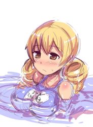 Rule 34 | 1girl, blonde hair, blush, breasts, drill hair, frown, gedou danshaku, hair between eyes, large breasts, looking at viewer, mahou shoujo madoka magica, partially submerged, school swimsuit, simple background, solo, swimsuit, tomoe mami, twintails, yellow eyes