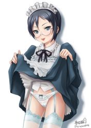 Rule 34 | 10s, 1girl, artist name, bad id, bad twitter id, black hair, blue eyes, blush, clothes lift, girls und panzer, glasses, haruhata mutsuki, lifted by self, lingerie, maid, maid headdress, panties, rumi (girls und panzer), signature, skirt, skirt lift, solo, thighhighs, tongue, tongue out, twitter username, underwear, white panties