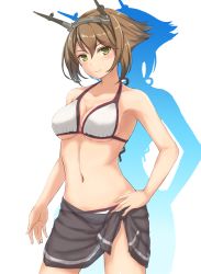 Rule 34 | 10s, 1girl, bikini, breasts, brown hair, collarbone, drop shadow, eyelashes, green eyes, hand on own hip, headgear, highres, kantai collection, looking at viewer, monoku, mutsu (kancolle), navel, sarong, shiny skin, short hair, simple background, smile, solo, swimsuit, white background