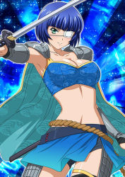 Rule 34 | 00s, 1girl, armor, armpits, black shorts, blue hair, blush, breasts, cleavage, collarbone, eyepatch, green eyes, holding, holding sword, holding weapon, ikkitousen, katana, large breasts, looking at viewer, mole, mole under eye, mole under mouth, navel, pauldrons, ryomou shimei, shiny skin, short hair, shorts, shoulder armor, smile, solo, sword, weapon