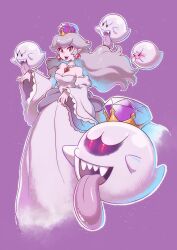 &gt;_&lt; 1girl absurdres alternate_costume alternate_hairstyle artist_name blush boo_(mario) breasts cleavage closed_eyes crown dress earrings fingernails frills full_body ghost highres jewelry king_boo looking_at_viewer luigi&#039;s_mansion mario_(series) medium_breasts nail_polish nintendo open_mouth princess_king_boo princess_peach purple_background red_eyes saiwo_(saiwoproject) sharp_teeth sphere_earrings teeth tongue tongue_out white_dress white_hair