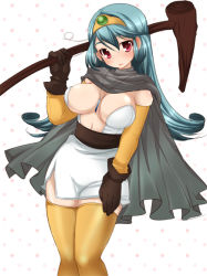 Rule 34 | 1girl, between breasts, blue hair, blush, breasts, cape, chunsoft, circlet, cleavage, dragon quest, dragon quest iii, elbow gloves, enix, gloves, jewelry, large breasts, long hair, miniskirt, necklace, red eyes, sage (dq3), skirt, solo, staff, thighhighs, zettai ryouiki