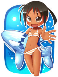 Rule 34 | 1girl, bikini, black hair, blush, bow, bow bikini, brown eyes, child, dark-skinned female, dark skin, flat chest, happy, inflatable orca, inflatable toy, inflatable whale, looking at viewer, nanatsuta, original, outside border, reaching, reaching towards viewer, short hair, short twintails, smile, solo, striped bikini, striped clothes, swimsuit, twintails, whale