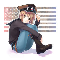 Rule 34 | 1girl, american flag, androgynous, bad id, bad pixiv id, belt, blonde hair, boots, bow, brown eyes, brown hair, denim, hamamo, hat, jeans, light brown hair, pants, short hair, smile, solo, united states