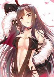 Rule 34 | 1girl, absurdres, arm behind back, arm up, bare shoulders, black dress, black jacket, blush, breasts, brown hair, center opening, choker, collarbone, dress, earrings, fate/grand order, fate (series), fur collar, fur trim, gu li, highres, hip focus, jacket, jewelry, long hair, looking at viewer, medium breasts, navel, red eyes, revealing clothes, simple background, smile, solo, sword, very long hair, weapon, white background, yu mei-ren (fate)
