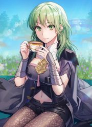Rule 34 | 1girl, armor, black armor, black coat, black shorts, blue sky, breasts, brown pantyhose, bustier, byleth (female) (fire emblem), byleth (fire emblem), closed mouth, clothing cutout, coat, commentary request, cup, day, enlightened byleth (female), fire emblem, fire emblem: three houses, flower, green eyes, green hair, holding, holding cup, long hair, looking at viewer, medium breasts, navel, navel cutout, nintendo, outdoors, pantyhose, pantyhose under shorts, pink flower, plant, purple flower, short shorts, shorts, sitting, sky, smile, solo, sunlight, tea, teacup, twitter username, yamigo