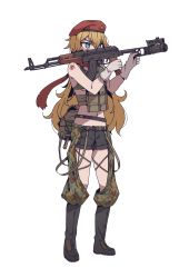 Rule 34 | 1girl, aiming, ak-47, ak-47 (girls&#039; frontline), akm, ammunition pouch, assault rifle, beret, black shorts, blonde hair, blue eyes, boots, bra, buckle, camouflage, commentary, commission, digital camouflage, english commentary, full body, girls&#039; frontline, gloves, green bra, grenade launcher, gun, hair between eyes, hammer and sickle, hammer and sickle tattoo, hat, highres, holding, kalashnikov rifle, karepack, knee boots, load bearing equipment, long hair, navel, pouch, red hat, red scarf, rifle, scarf, shorts, simple background, snap-fit buckle, solo, star (symbol), tattoo, underwear, weapon, white background, white gloves