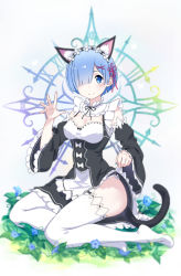 Rule 34 | 10s, 1girl, absurdres, animal ears, blue eyes, blue hair, blurry, blurry background, breasts, cat ears, cat tail, cleavage, cleavage cutout, clothes lift, clothing cutout, detached sleeves, flower, highres, kemonomimi mode, lifting own clothes, looking at viewer, maid, matching hair/eyes, medium breasts, open hand, panties, re:zero kara hajimeru isekai seikatsu, rem (re:zero), short hair, sitting, skirt, skirt lift, smile, solo, tail, thighhighs, underwear, white panties, worst (am-worst), yokozuwari