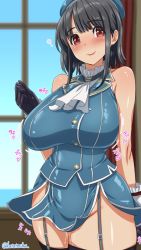 Rule 34 | 1girl, ?, black hair, bouncing breasts, breasts, closed mouth, curvy, gloves, heart, huge breasts, kantai collection, katou techu, looking at viewer, military, no panties, parted bangs, red eyes, shiny skin, short hair, smile, takao (kancolle), thick thighs, thighs, window